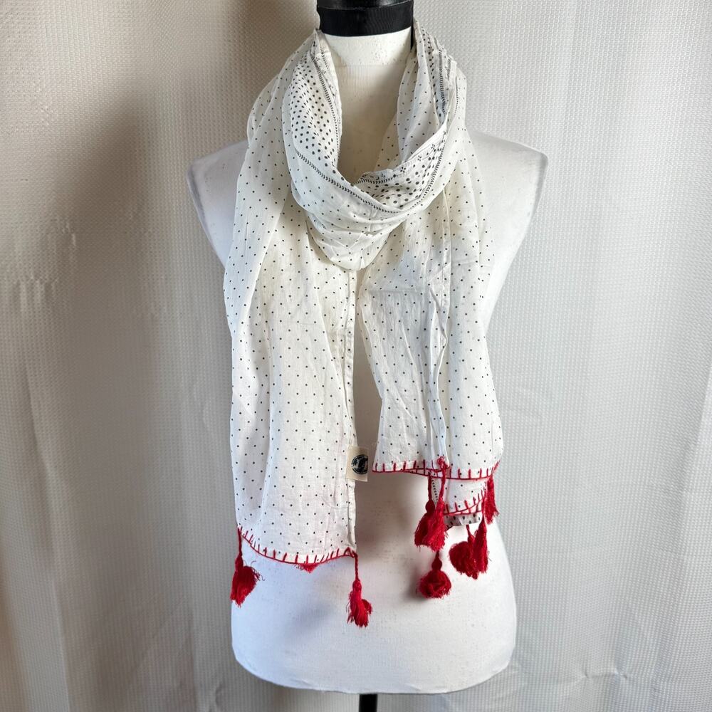 Feed The children #14 White Cotton Polka Dot Scarf Wrap with Red Tassels in EUC